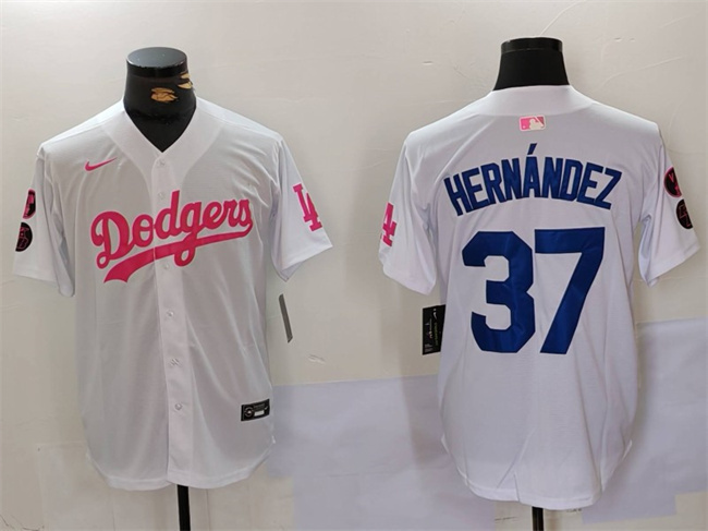 Los Angeles Dodgers #37 Teoscar Hern??ndez White Pink Vin Kobe Patch Stitched Jersey